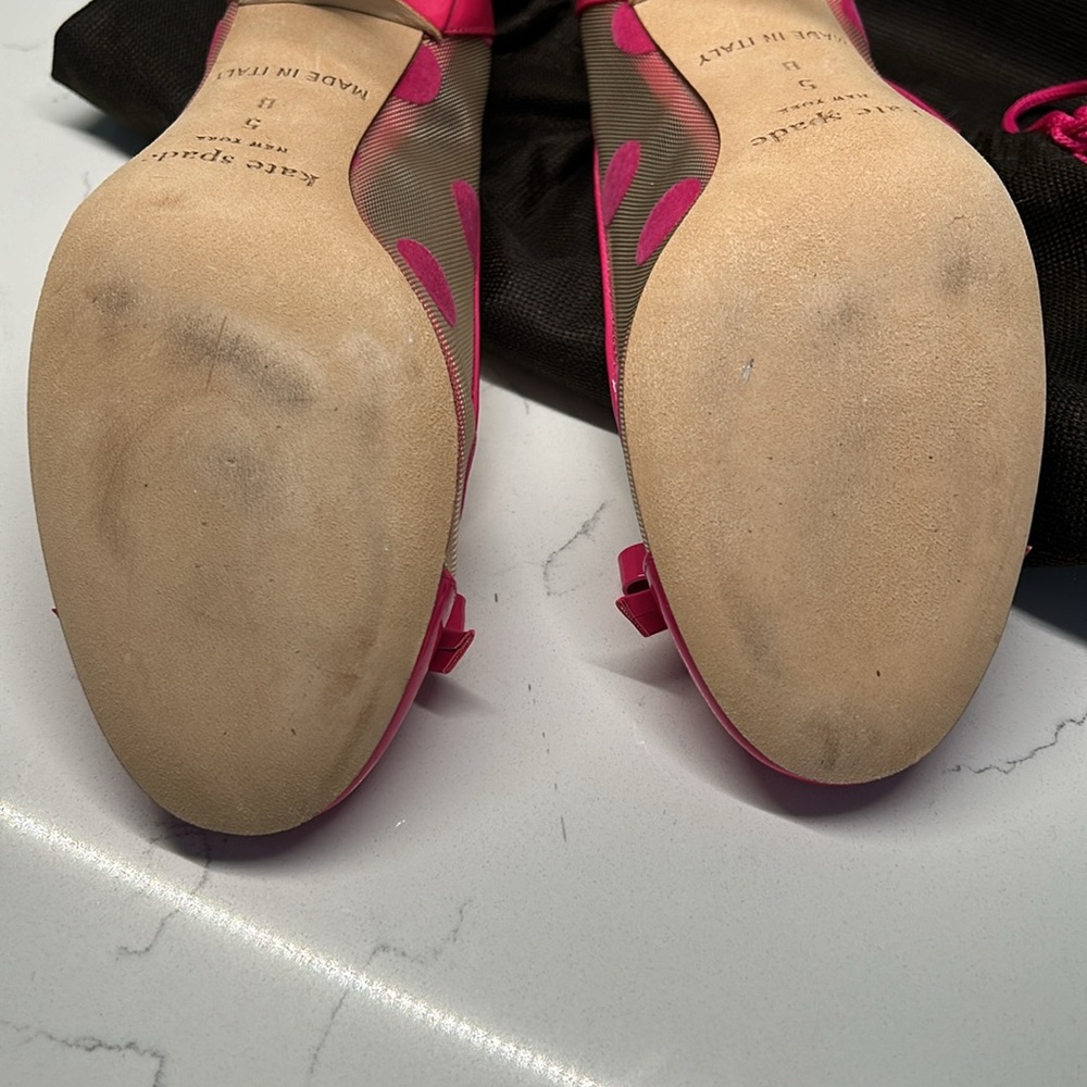 Kate Spade Pink Polka Dot with Mesh and Pink Bow Accents. 2 Inch Heels/Pumps. - Picture 7 of 8